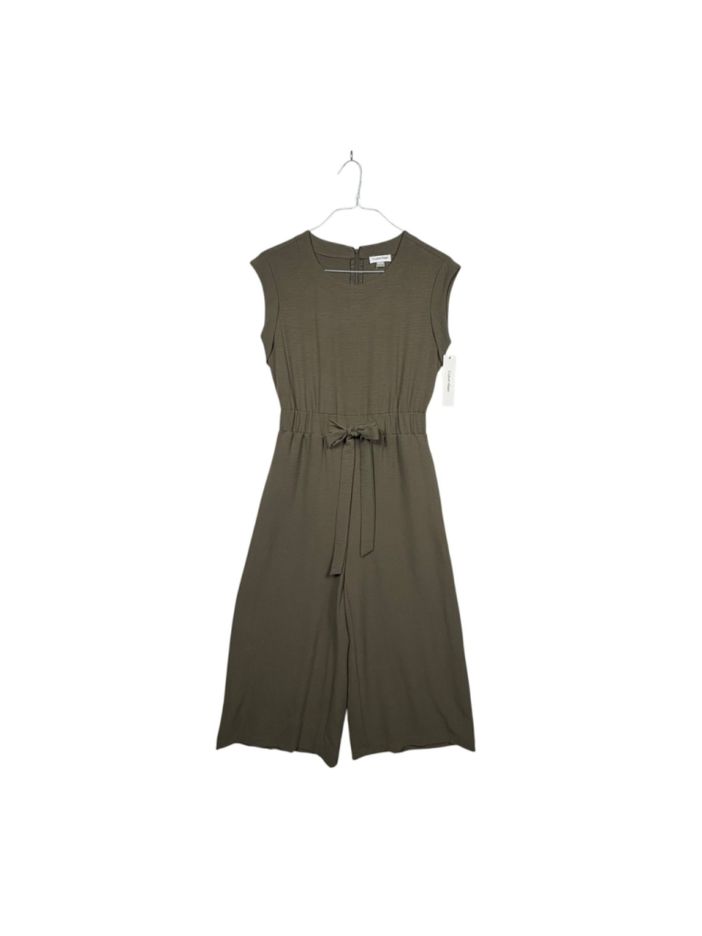 Calvin Klein Scuba Crepe Jumpsuit Olive Green Tie Waist Pocket Back Zip Womens 4 - Picture 3 of 7
